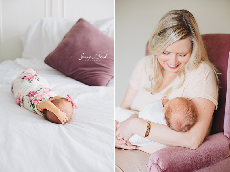 westerville newborn photographer - swaddled newborn girl laying on parents bed and mom looking a new baby sitting in pink chair