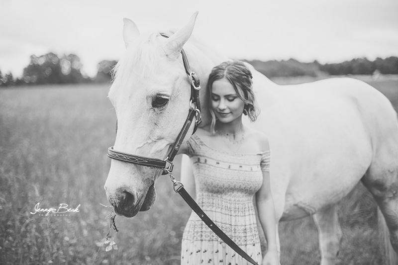 johnstown ohio equine photographer - black and white photograph of teen girl and white horse