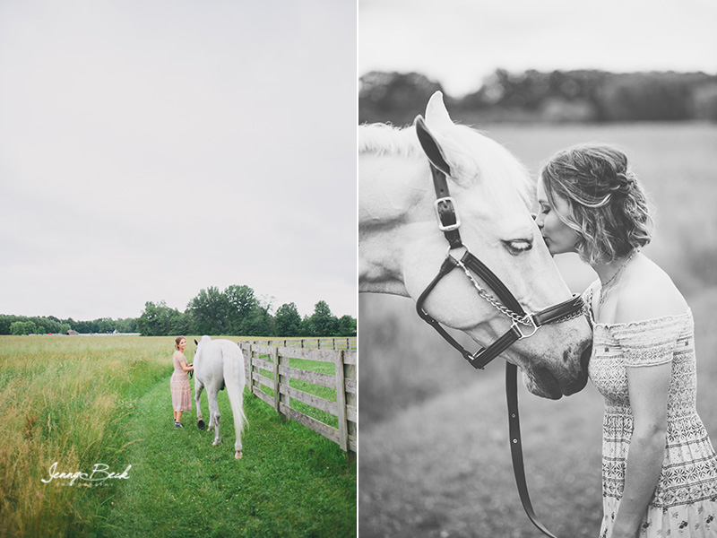 johnstown ohio equine photographer - Senior pictures of teen girl and her white horse in a green field