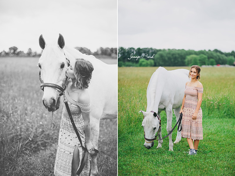 johnstown ohio equine photographer - senior pictures with white horse in ohio pasture