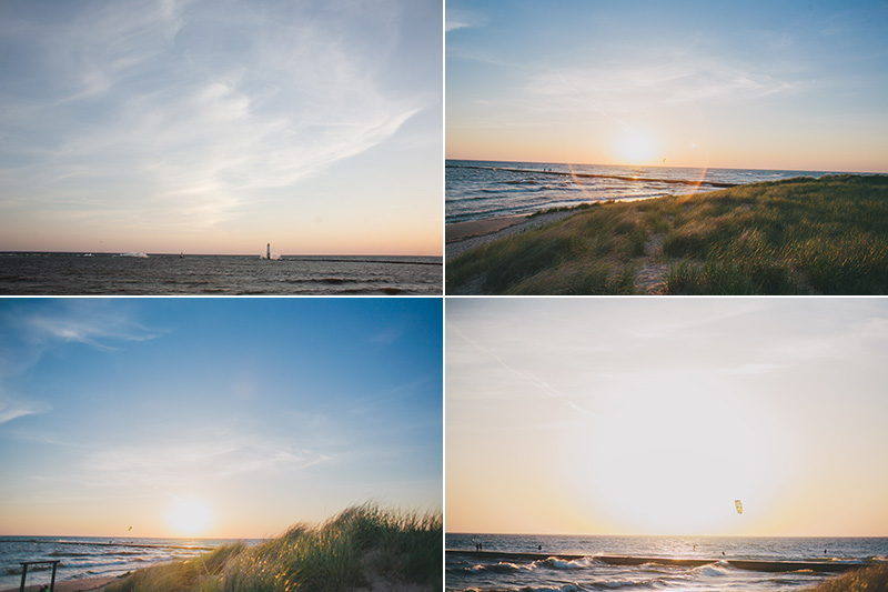 four photos of the sun setting with a windsurfer, sunset of the pier and with the long beach grass
