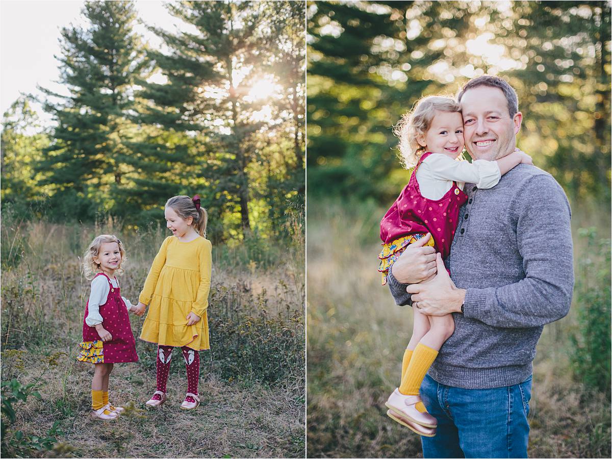 sisters holding hands at sunset, dad and daughter hug at sunset photoshoot