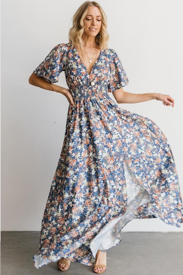 model wearing a blue and white floral maxi dress