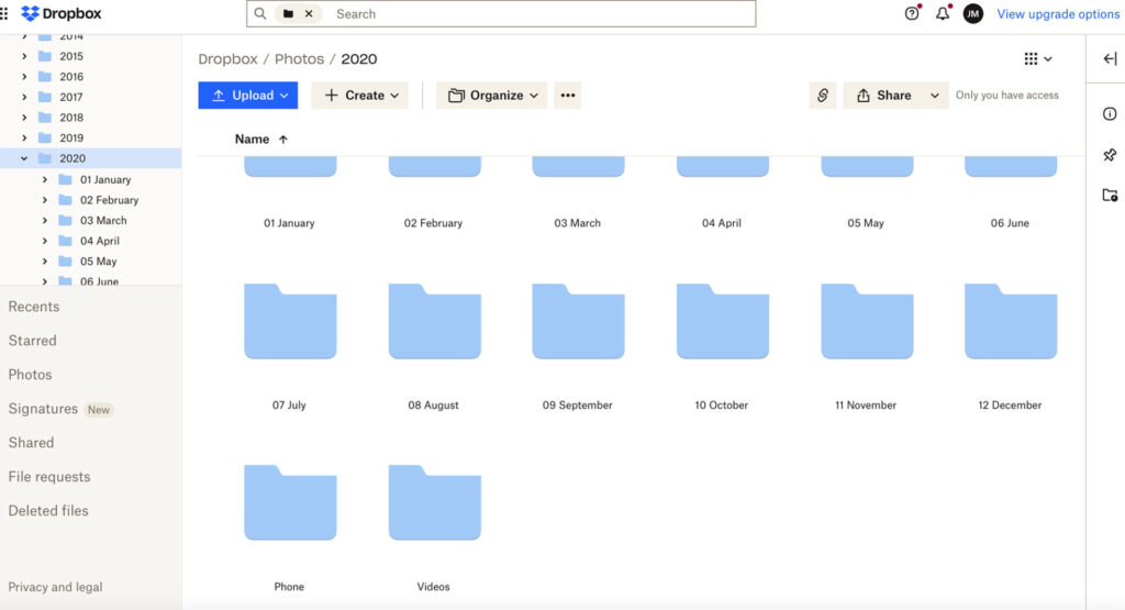 screenshot of dropbox showing how I organize my photos