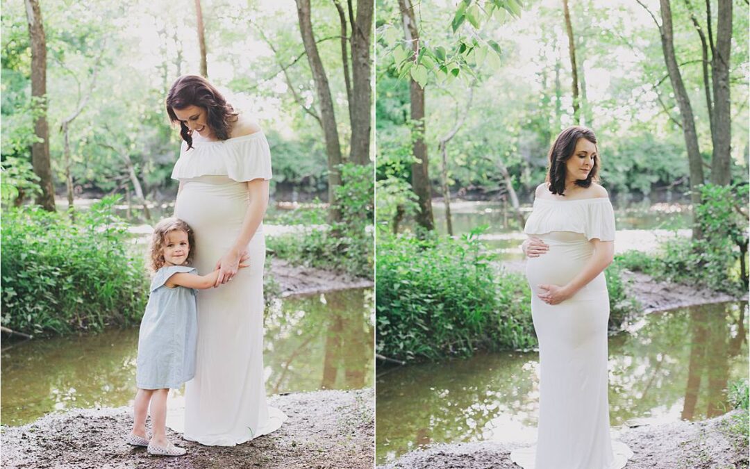 new albany ohio maternity photographer - pregnant mom in white dress hugging 2 year old daughter