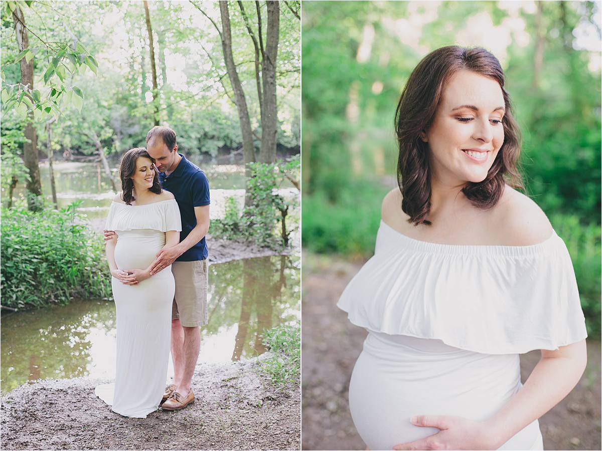 new albany ohio maternity photographer - pregnant mom in white dress looking off to the side and cozy with husband in creek. 