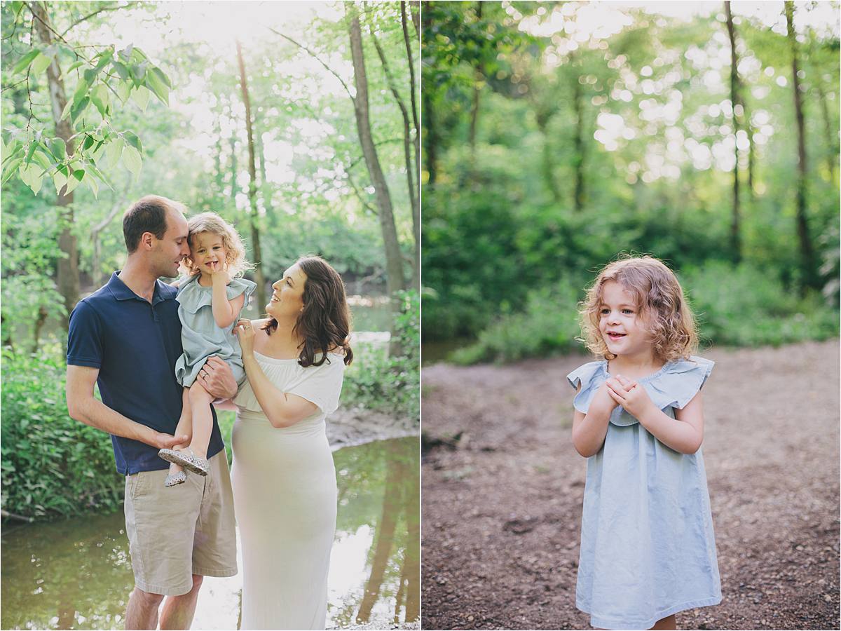 new albany ohio maternity photographer - pregnant mom in white dress smiling with husband and 2 year old daughter