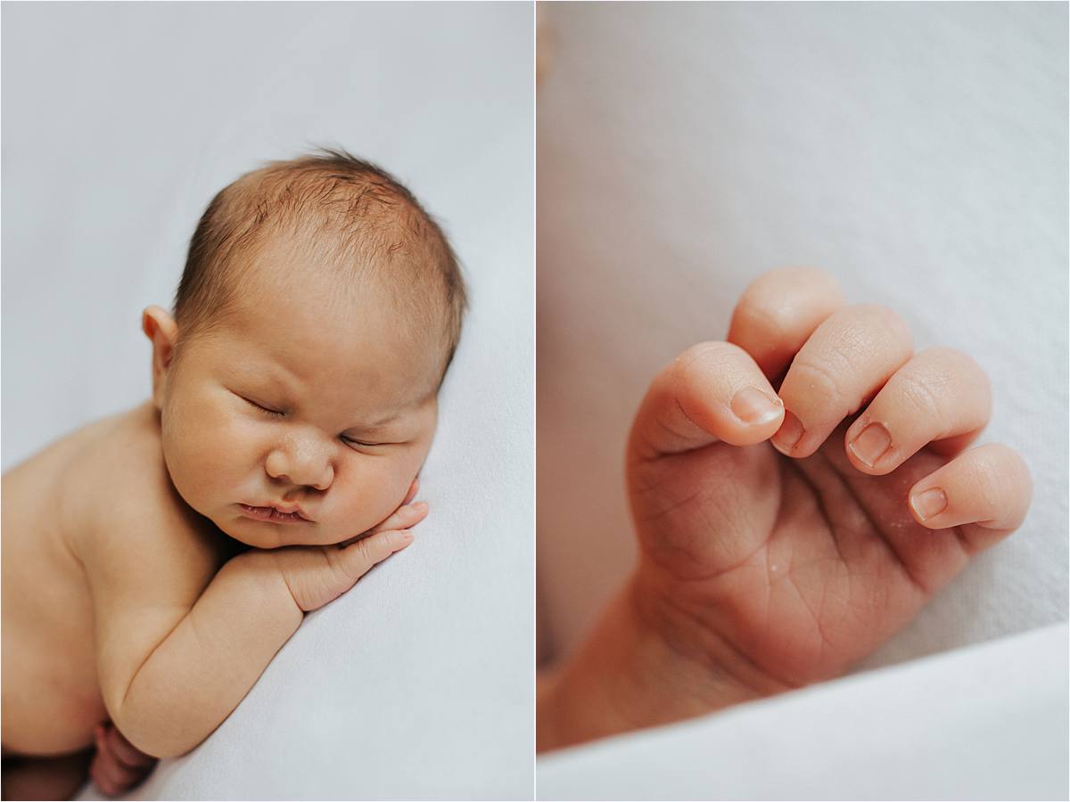 westerville ohio minimal newborn photography - natural minimal newborn photography on white backdrop close up for face and hand