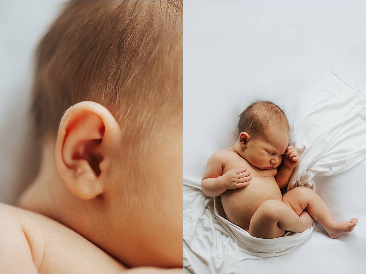 westerville ohio minimal newborn photographer - close up of baby's ear details and baby laying in organic pose on natural white fabric backdrop