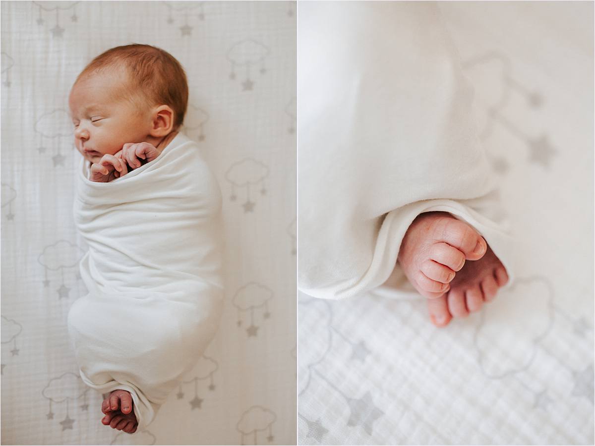 swaddled baby wrapped in organic white wrap laying in crib and close up photo of baby's toes