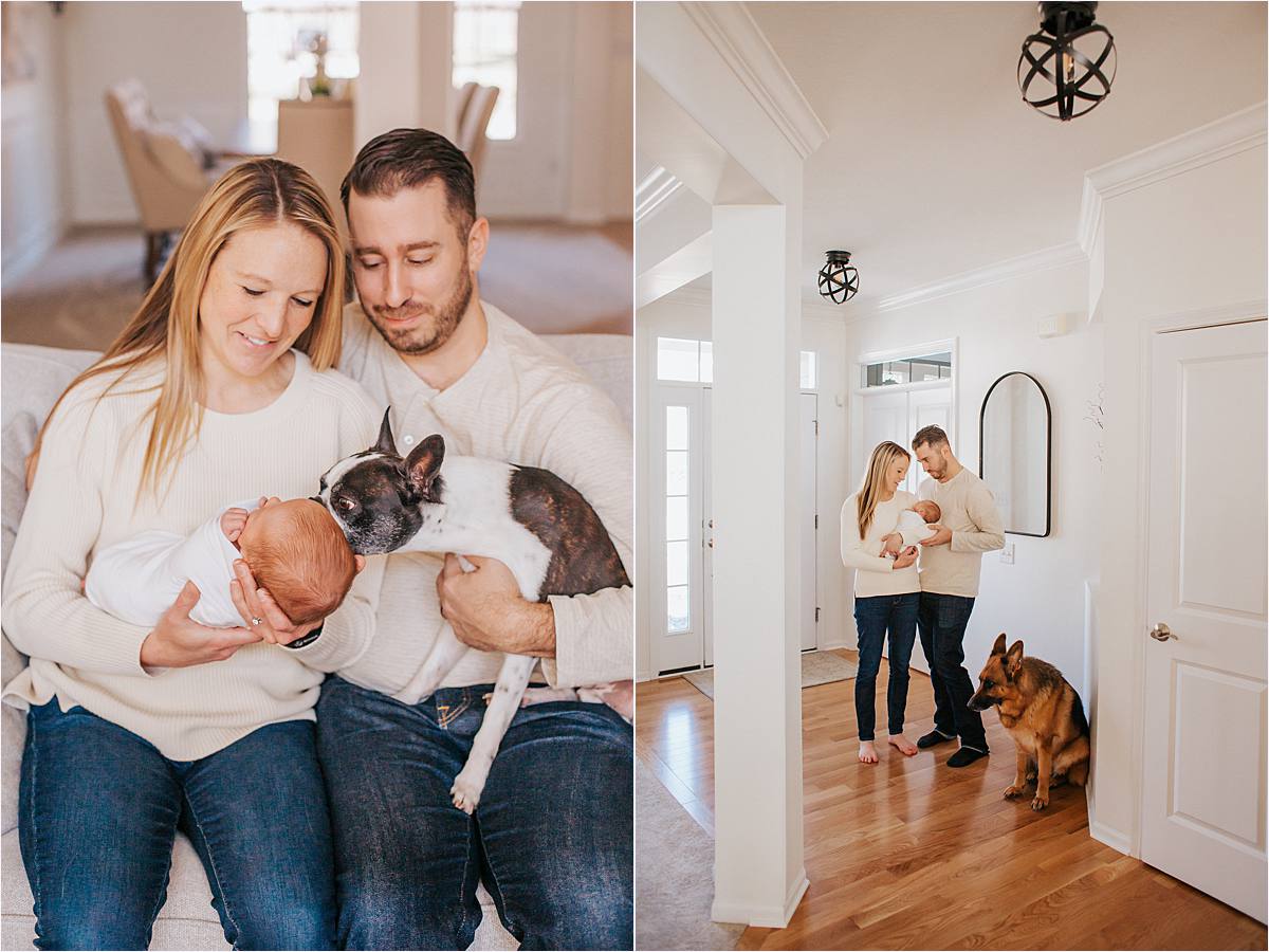 new parents holding newborn and small dog in their home