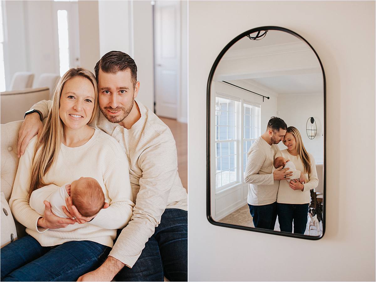 new family wearing neutrals holding new baby in their home