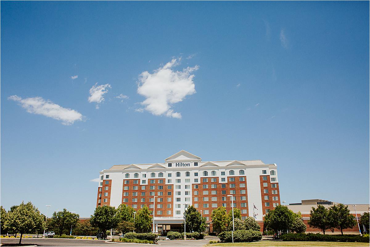 commercial photography - exterior of hilton hotel with blue sky