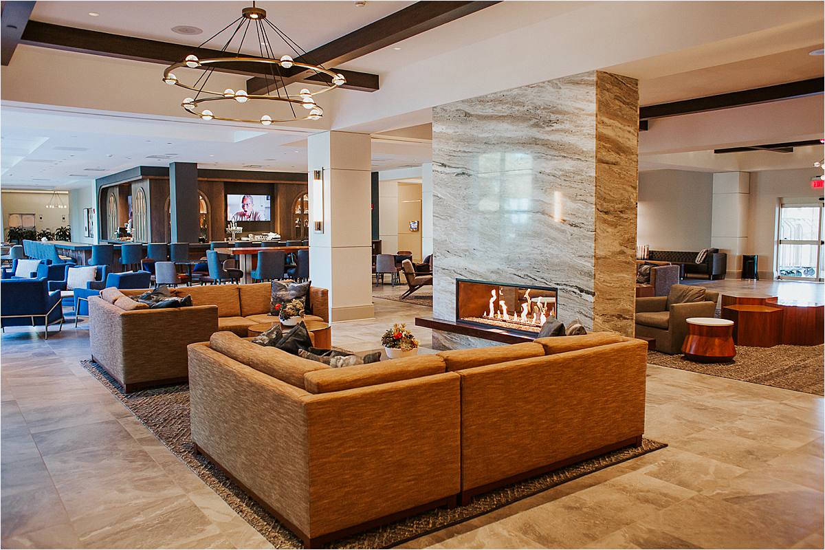 commercial photography - interior of hilton hotel lobby with fireplace