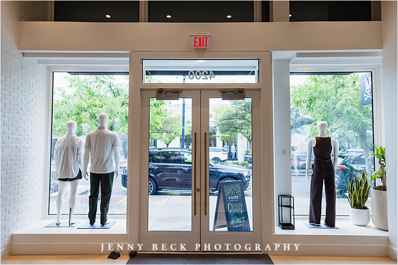 commercial photoshoot of front of store windows for Vuori clothing brand